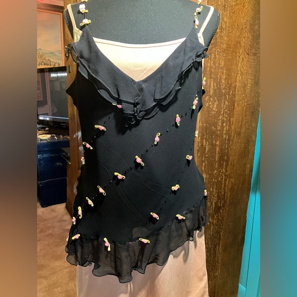 I.C.E. Tops Ice Large Black Cami W Tiny Roses And Bugle Beads